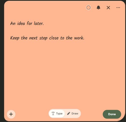 Development preview of a peach-coloured note with sample text, Type and Draw controls, and a reminder button.